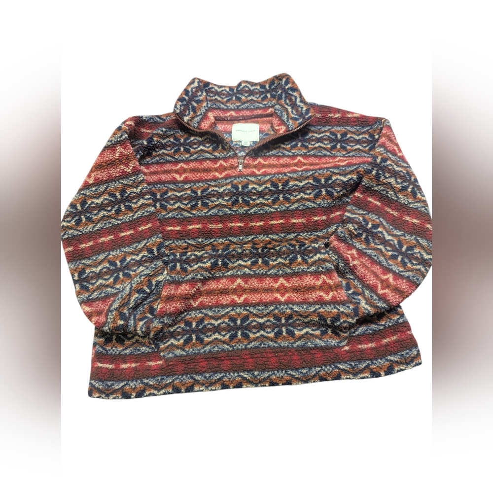 American Eagle Aztec Sherpa Fleece Quarter Zip Pullover Cozy Sweater Small